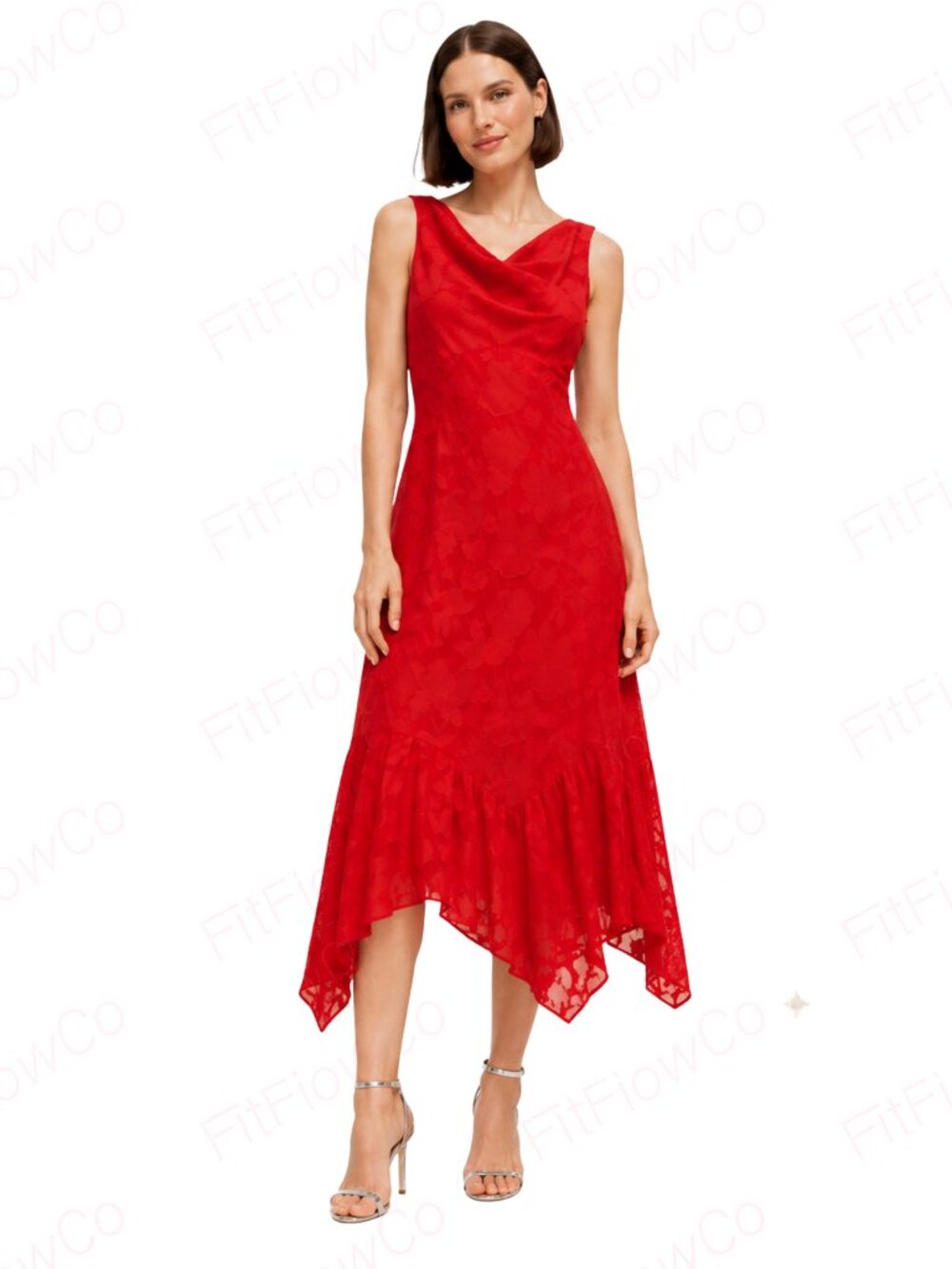 Taylor Red Floral Burnout Midi Dress Size 4 NWT Handkerchief Hem